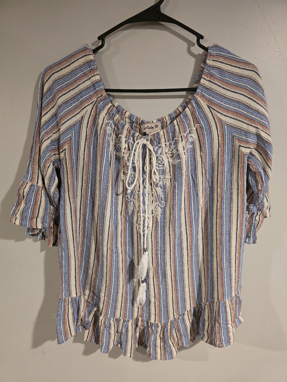 Striped Boho Tie-Front Tunic in Blue and Tan